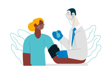 Male Doctor and Female Patient with Blood Pressure Measurement Machine in Medical Office or Laboratory. Blood Pressure Procedure. Modern Flat Vector Concept Illustration. 