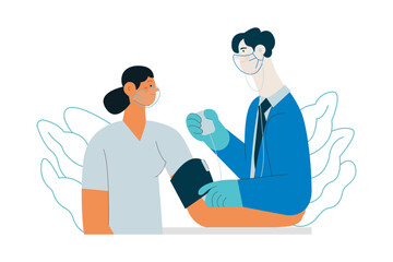 Male Doctor and Female Patient with Blood Pressure Measurement Machine in Medical Office or Laboratory. Blood Pressure Procedure. Modern Flat Vector Concept Illustration. 