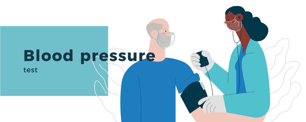 Female Doctor and Male Patient with Blood Pressure Measurement Machine in Medical Office or Laboratory. Blood Pressure Procedure. Modern Flat Vector Concept Illustration. Landing Page Design Template.