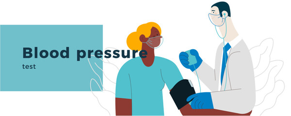 Male Doctor and Female Patient with Blood Pressure Measurement Machine in Medical Office or Laboratory. Blood Pressure Procedure. Modern Flat Vector Concept Illustration. Landing Page Design Template.