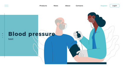 Female Doctor and Male Patient with Blood Pressure Measurement Machine in Medical Office or Laboratory. Blood Pressure Procedure. Modern Flat Vector Concept Illustration. Landing Page Design Template.