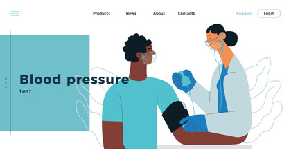 Female Doctor and Male Patient with Blood Pressure Measurement Machine in Medical Office or Laboratory. Blood Pressure Procedure. Modern Flat Vector Concept Illustration. Landing Page Design Template.