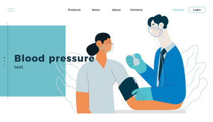 Male Doctor and Female Patient with Blood Pressure Measurement Machine in Medical Office or Laboratory. Blood Pressure Procedure. Modern Flat Vector Concept Illustration. Landing Page Design Template.