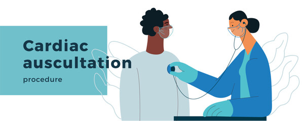 Cardiac Auscultation. Male Patient and Female Doctor Carrying Out Procedure in Medical Office or Laboratory. Stethoscope Examination Procedure. Modern Flat Vector Concept Illustration. 
