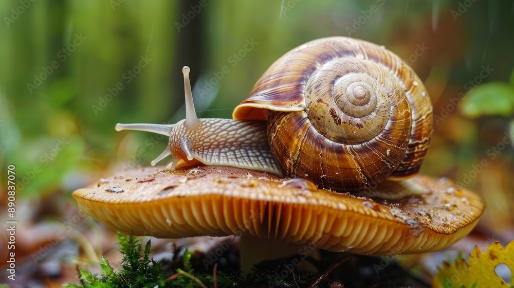 Poster macro shot of a snail on a mushroom.