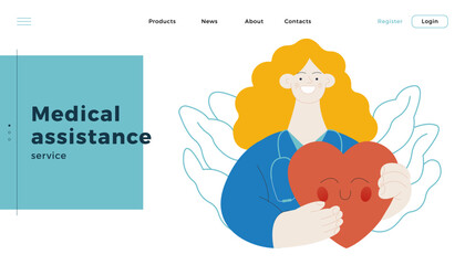 Female Medical Specialist Hold Red Heart on Abstract Background. Cardiology Concept. Modern Flat Vector Illustration. Website Banner. Social Media Template. Landing Page Design Template. 