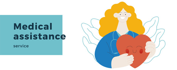 Female Medical Specialist Hold Red Heart on Abstract Background. Cardiology Concept. Modern Flat Vector Illustration. Website Banner. Social Media Template. 