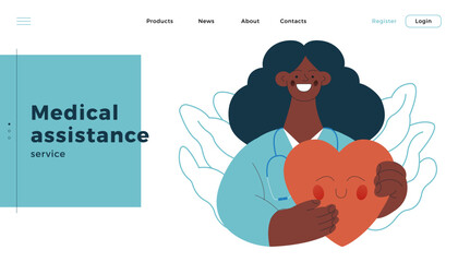 Female Medical Specialist Hold Red Heart on Abstract Background. Cardiology Concept. Modern Flat Vector Illustration. Website Banner. Social Media Template. Landing Page Design Template. 