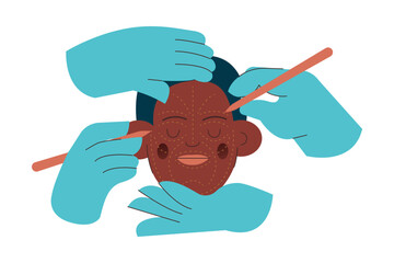 Cosmetic Surgery. Plastic and Aesthetic. Female Face with Dotted Lines, Hands Wearing Surgical Gloves. Modern Flat Vector Illustration. 