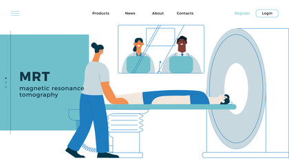 Magnetic Resonance Tomography. MRI procedure. Patient in the Scanner, Nurse, Medical Specialists in Laboratory. Medical Equipment. Modern Vector Illustration. Landing Page Template. Website Banner.