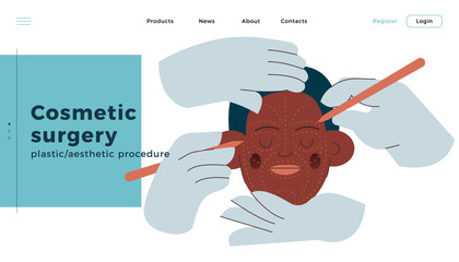 Cosmetic Surgery. Plastic and Aesthetic. Female Face with Dotted Lines, Hands Wearing Surgical Gloves. Modern Flat Vector Illustration. Landing Page Design Template. Website Banner.