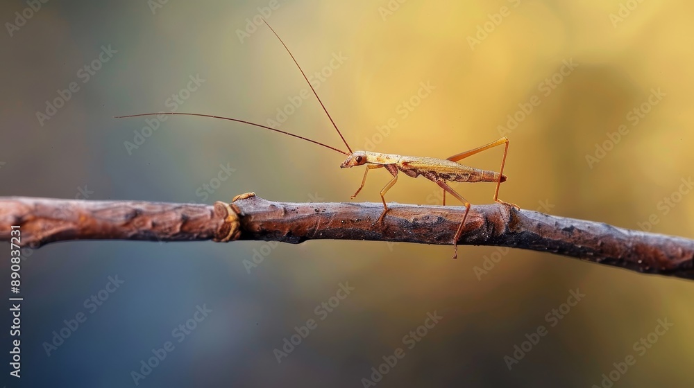 Poster macro shot of a stick insect on a branch.
