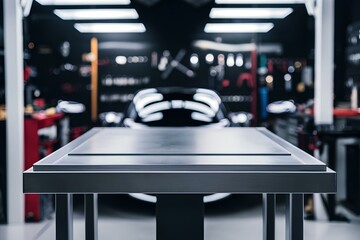 A metal blank tabletop with blurred automotive mechanic tools and parts in the background suitable for promoting automotive products with vehicle car repair in workshop garage professional motor