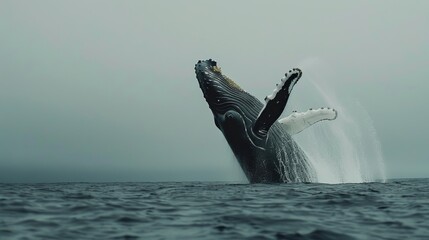 Wide shot of a humpback whale breaching.