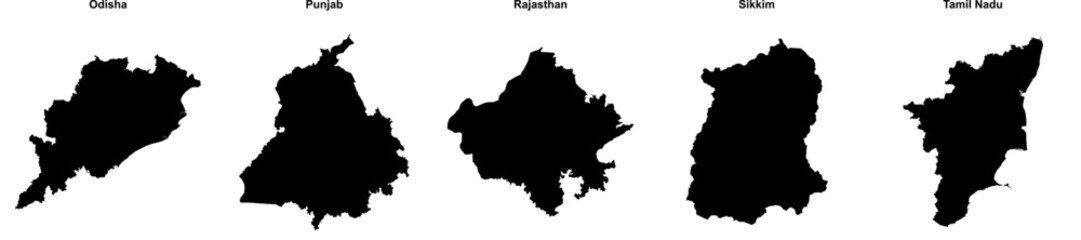 Fototapeta premium Odisha, Punjab, Rajasthan, Sikkim, Tamil Nadu outline maps