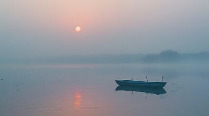 A Solitary Boat on a Misty Lake at Sunrise