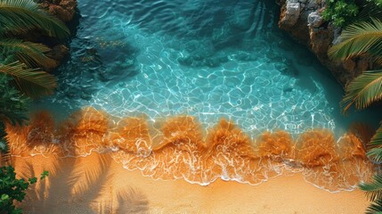 Top view of tropical leaf shadow on water surface. Shadow of palm leaves on white sand beach. Beautiful abstract background concept banner for summer vacation at the beach,goldern hours golden sand