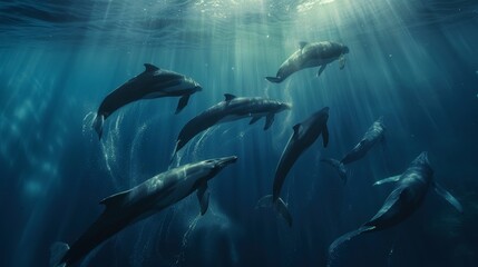 Fototapeta premium Wide shot of a pod of whales surfacing. 