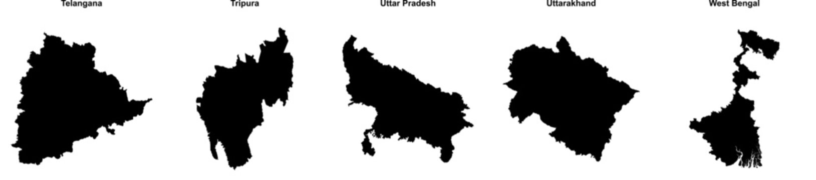 Telangana, Tripura, Uttar Pradesh, Uttarakhand, West Bengal outline maps
