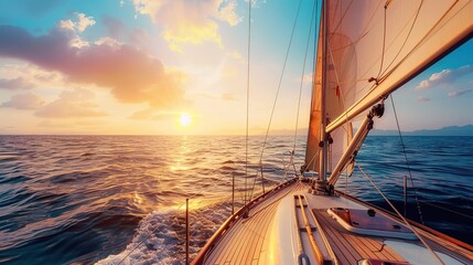 Sailing Into the Sunset on a Yacht in the Open Ocean