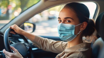 Driver With Mask. Young Professional Woman Driving Car in City with Protective Mask