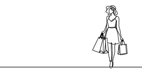 Continuous one line drawing of a woman holding paper bags after shopping