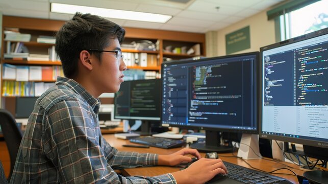 Young Man Working on Computer Code in an Office Setting