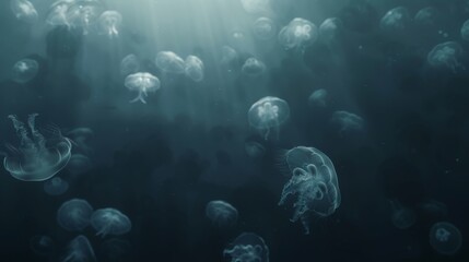 Obraz premium A Dense Swarm of Jellyfish Drifting Through Deep Ocean Water
