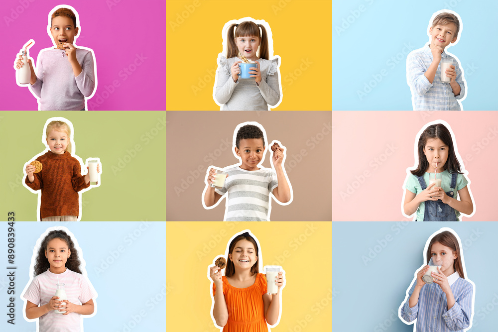 Wall mural collage of many children with milk on color background