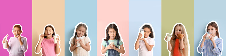 Collage of many children with milk on color background