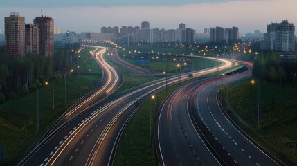 A photorealistic highway landscape at dawn, surrounded by high buildings and symbolizing a bright future.