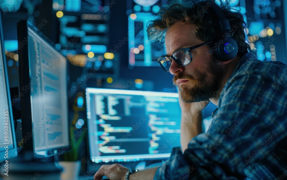 Poster a software developer wearing headphones and glasses is focused on his work, late at night, in front 