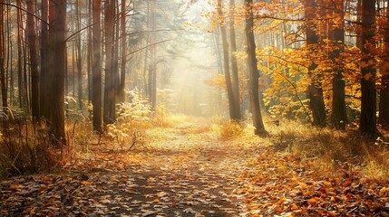 Obraz premium A Sunlit Path Through An Autumn Forest