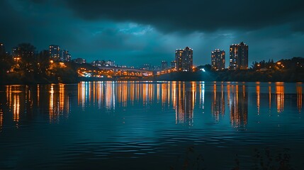 Fototapeta premium City lights starting to turn on, reflecting in the river water
