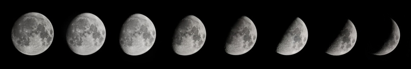 Set picture of moon phases in dark, waxing and waning crescent in period of 24 hours