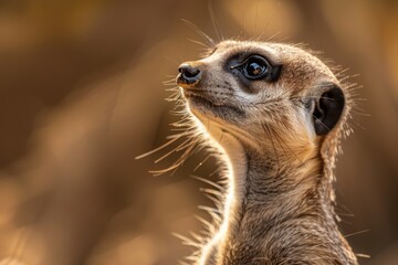 A detailed shot of a meerkat's face, highlighting its curious eyes and whiskers.
