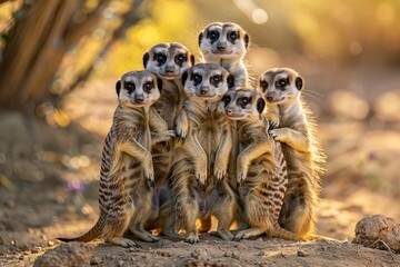 A group of meerkats huddled together, showcasing their social behavior in a natural habitat.