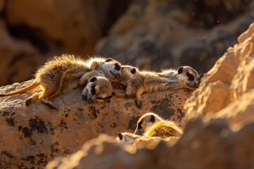 A group of meerkats sunbathing on a warm rock, capturing their social and relaxed behavior.