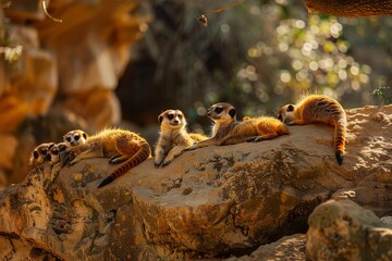 A group of meerkats sunbathing on a warm rock, capturing their social and relaxed behavior.