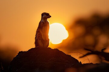 A single meerkat silhouetted against the setting sun, creating a dramatic and peaceful scene