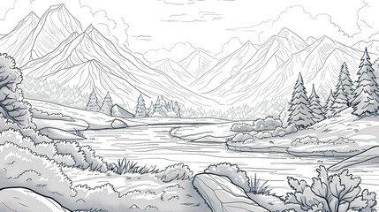 Fototapeta premium Line Drawing of a Mountain Range and River Scene