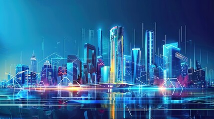 Fototapeta premium Futuristic Cityscape With Digital Lights and Reflections