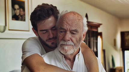 Elderly man receiving a hug from his adult son