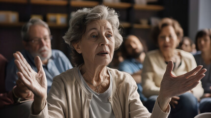 Elderly woman speaking in a support group session