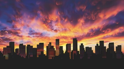 Fototapeta premium City Skyline Silhouetted Against Dramatic Sunset Clouds