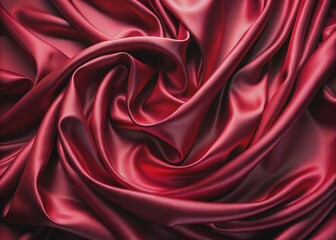 Fototapeta premium Luxurious burgundy red silk satin cloth with elegant drapery and smooth texture, lavishly curved and folded, exuding sophistication and opulence in a serene atmosphere.