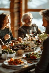 A group of friends enjoy a meal together at a rustic table, filled with delicious food.  The warm lighting and cozy atmosphere create a sense of togetherness.