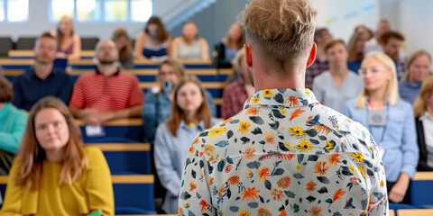 Fototapeta premium A man with a floral shirt leads a presentation in front of a classroom of attentive students.