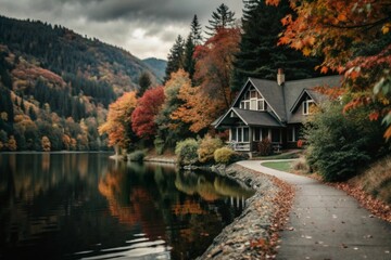 Fototapeta premium Autumn landscape. A small cozy house on the shore of the lake. The trees are painted in bright autumn colors. An atmosphere of peace and harmony with nature.