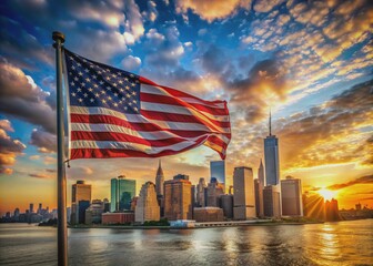 Vibrant American flag waves proudly against a stunning New York City skyline with iconic skyscrapers and bright blue morning clouds at dawn's golden light.